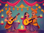 दिवाली पर पारंपरिक संगीत की भूमिका, दिवाली संगीत, पारंपरिक दीपावली गीत, दिवाली भजन, लक्ष्मी आरती, भारतीय त्योहार संगीत, दिवाली परंपराएँ, पारंपरिक संगीत, परिवार साथ लक्ष्मी आरती करते हुए, पारंपरिक ढोलक और दीयों की सजावट