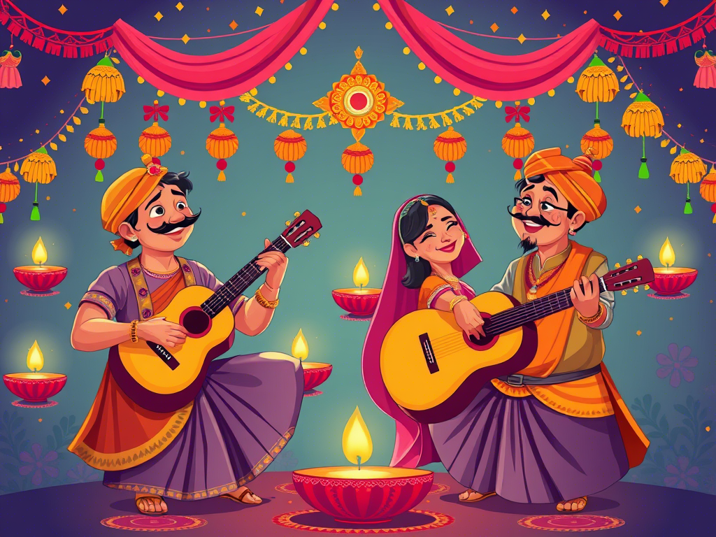 दिवाली पर पारंपरिक संगीत की भूमिका, दिवाली संगीत, पारंपरिक दीपावली गीत, दिवाली भजन, लक्ष्मी आरती, भारतीय त्योहार संगीत, दिवाली परंपराएँ, पारंपरिक संगीत, परिवार साथ लक्ष्मी आरती करते हुए, पारंपरिक ढोलक और दीयों की सजावट