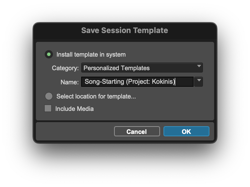 The Save Session Template menu UI.