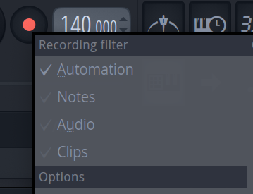 The recording filter options in FL Studio