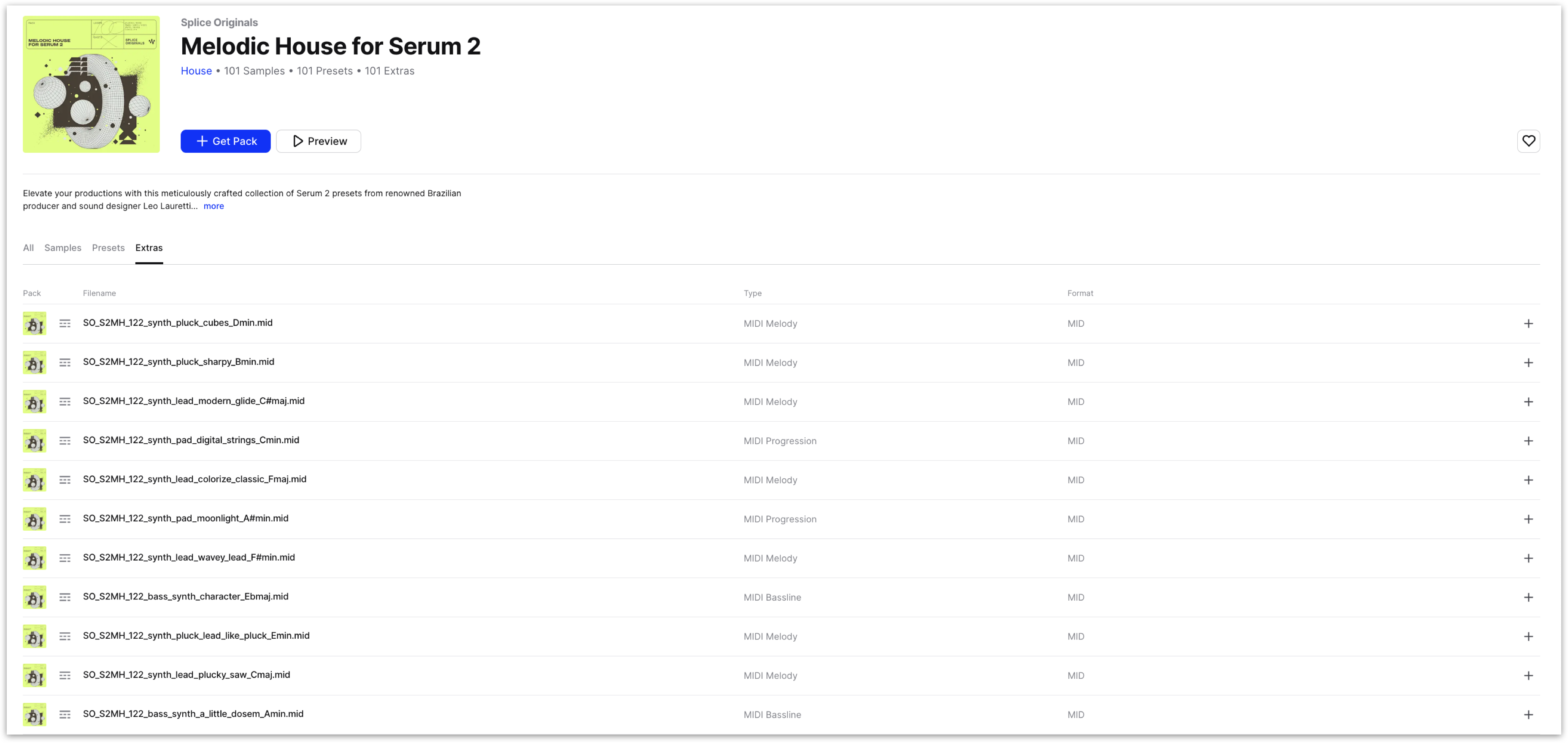 The Extras tab on a pack page